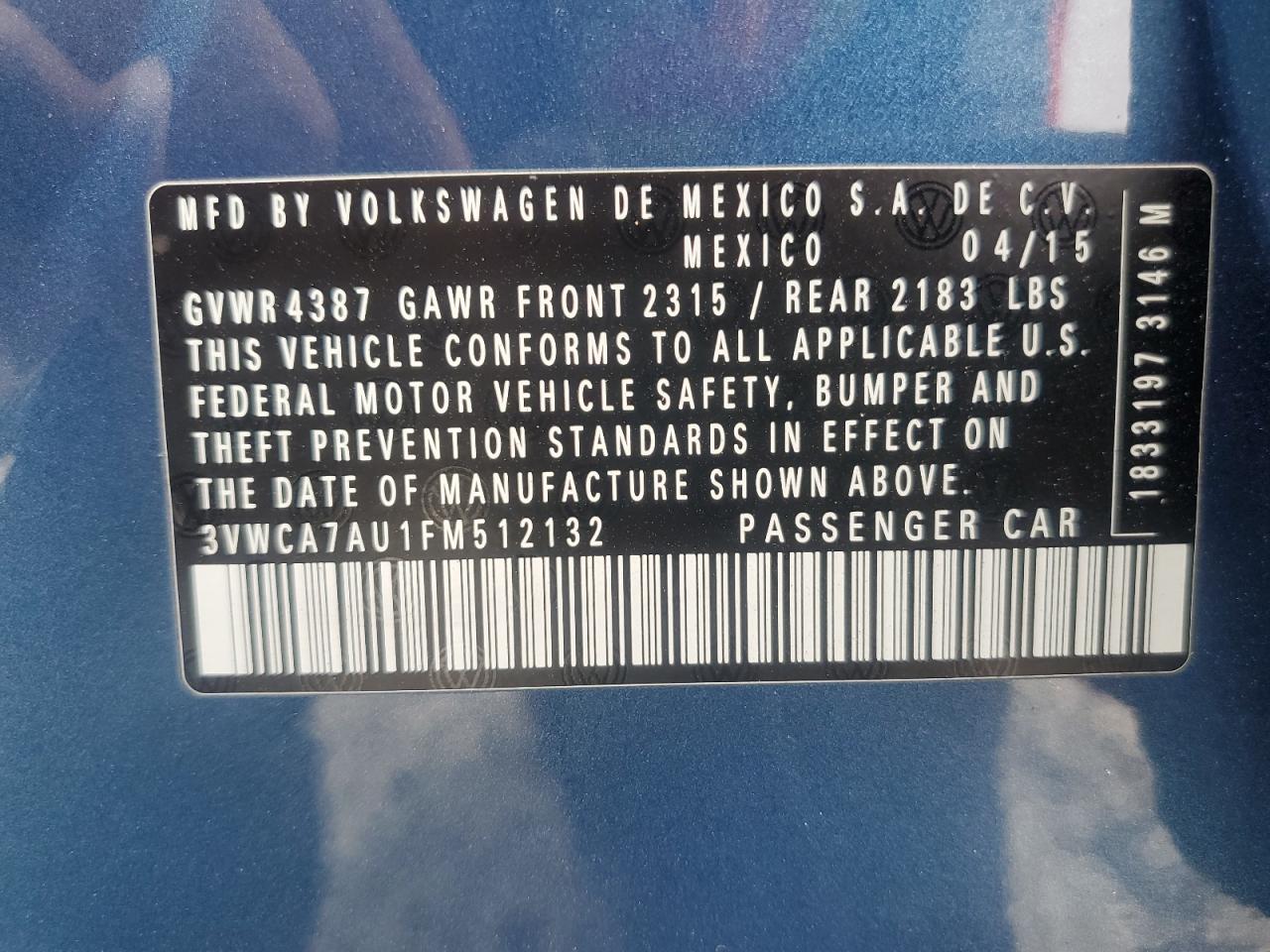 2015 Volkswagen Golf Sportwagen Tdi S VIN: 3VWCA7AU1FM512132 Lot: 93167705