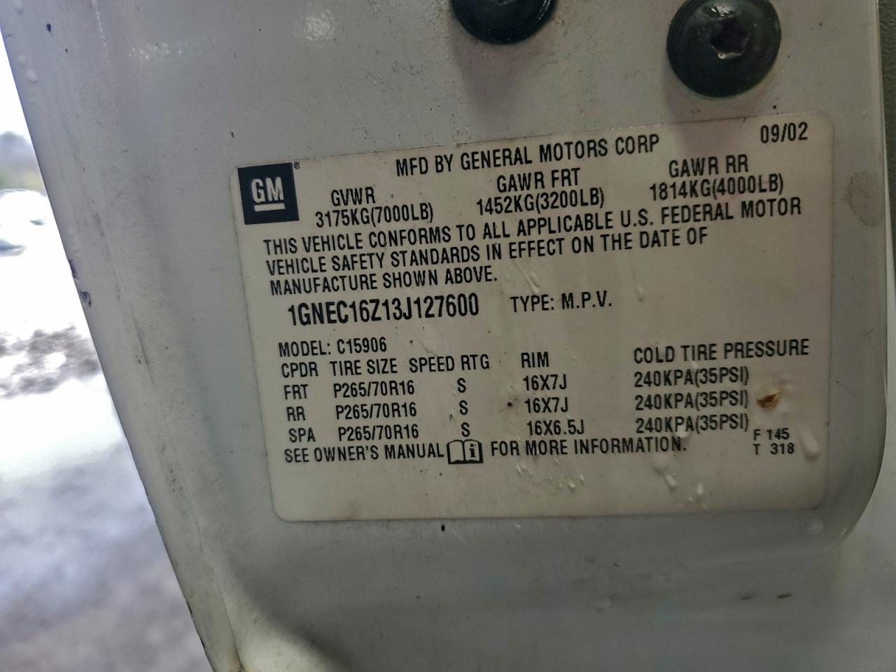 2003 Chevrolet Suburban C1500 VIN: 1GNEC16Z13J127600 Lot: 94242805