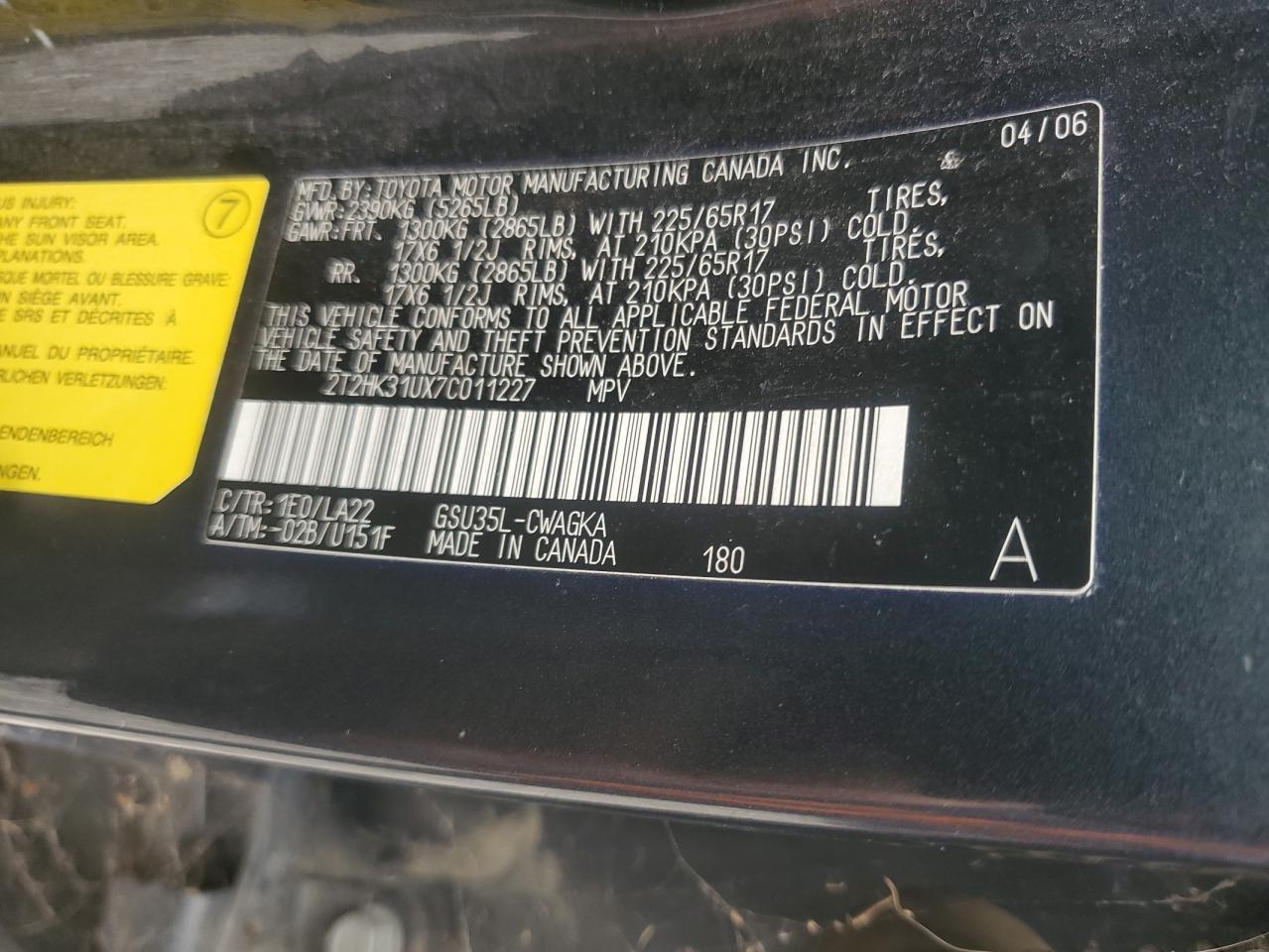 2007 Lexus Rx 350 VIN: 2T2HK31UX7C011227 Lot: 92021065