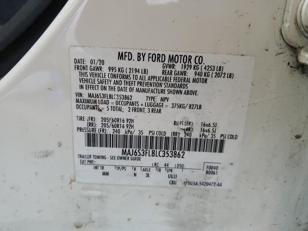 2020 Ford Ecosport S VIN: MAJ6S3FL8LC353862 Lot: 91190815