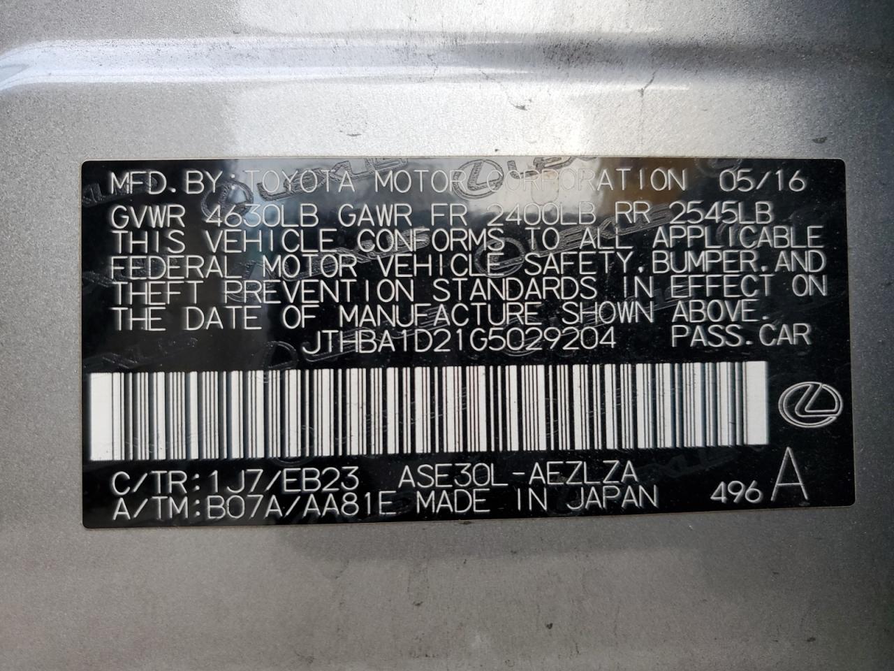 2016 Lexus Is 200T VIN: JTHBA1D21G5029204 Lot: 93903965