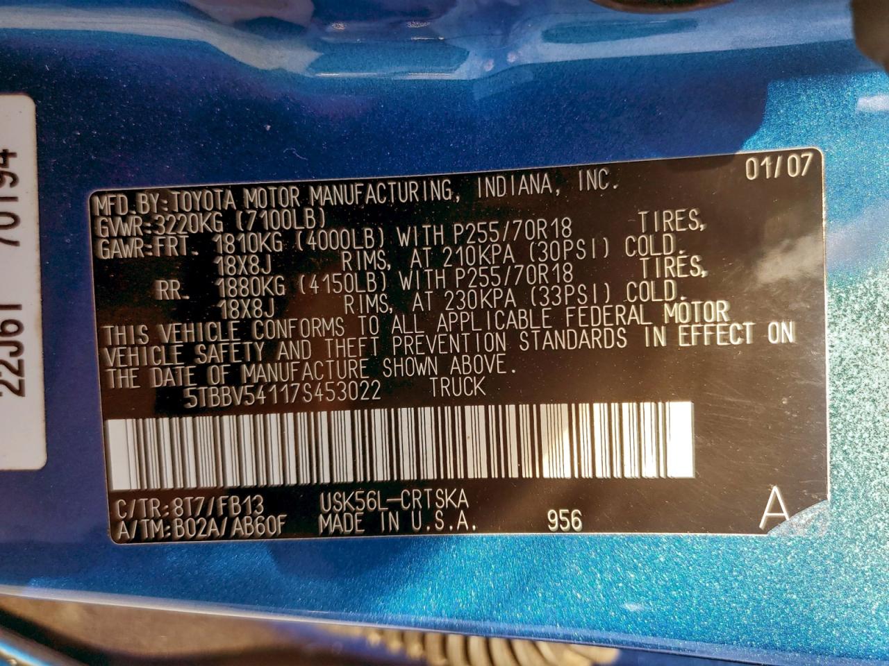 2007 Toyota Tundra Double Cab Sr5 VIN: 5TBBV54117S453022 Lot: 94685695