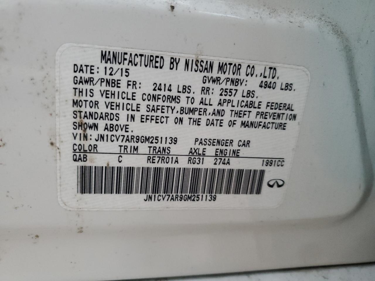 2016 Infiniti Q50 Base VIN: JN1CV7AR9GM251139 Lot: 92028215