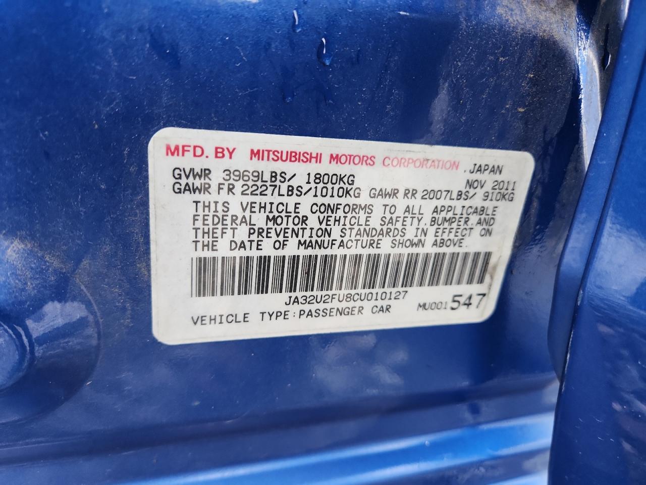 2012 Mitsubishi Lancer Es/Es Sport VIN: JA32U2FU8CU010127 Lot: 93611025