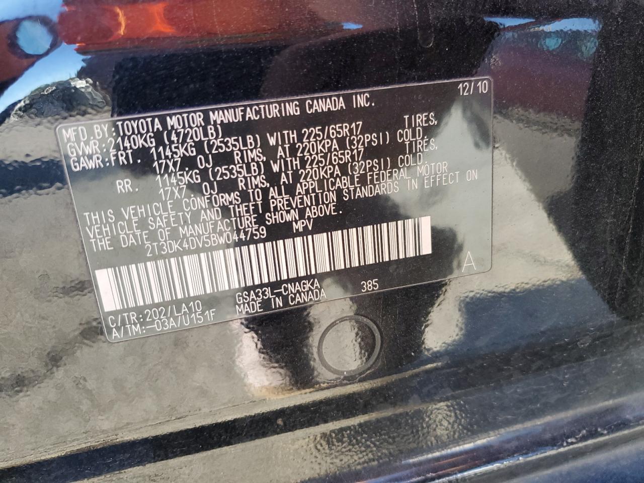 2011 Toyota Rav4 Limited VIN: 2T3DK4DV5BW044759 Lot: 91391095