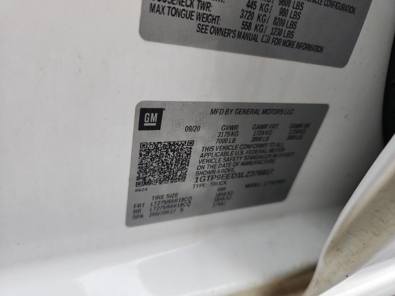 2020 GMC Sierra K1500 At4 VIN: 1GTP9EED1LZ376817 Lot: 91414805