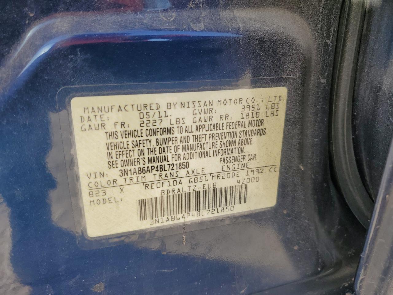 2011 Nissan Sentra 2.0 VIN: 3N1AB6AP4BL721850 Lot: 92024025