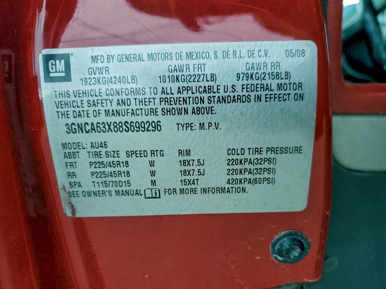 2008 Chevrolet Hhr Ss VIN: 3GNCA63X88S699296 Lot: 94547805