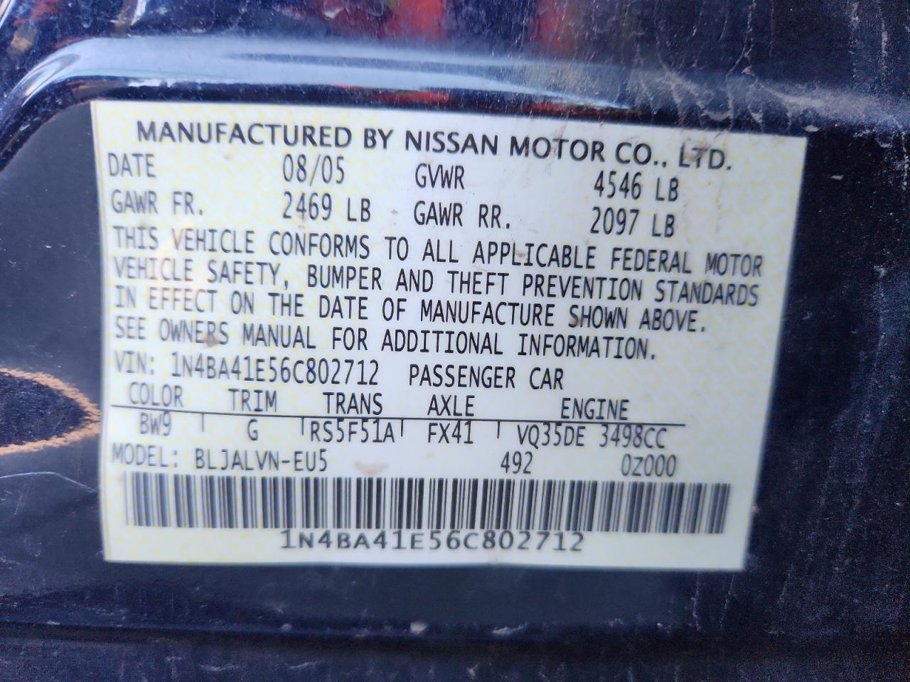 2006 Nissan Maxima Se VIN: 1N4BA41E56C802712 Lot: 93536095