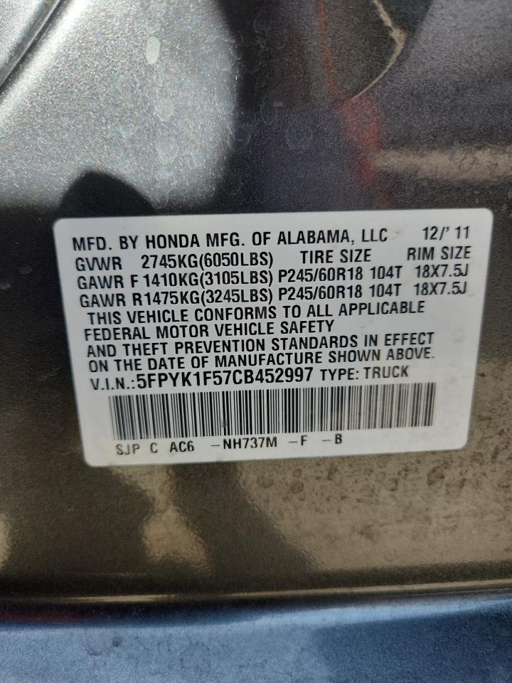 2012 Honda Ridgeline Rtl VIN: 5FPYK1F57CB452997 Lot: 85435685