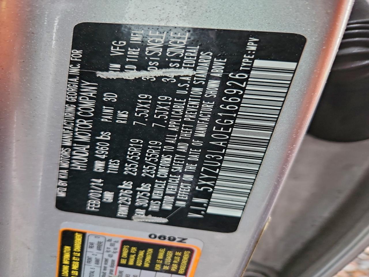 2014 Hyundai Santa Fe Sport VIN: 5XYZU3LA0EG166926 Lot: 93442715