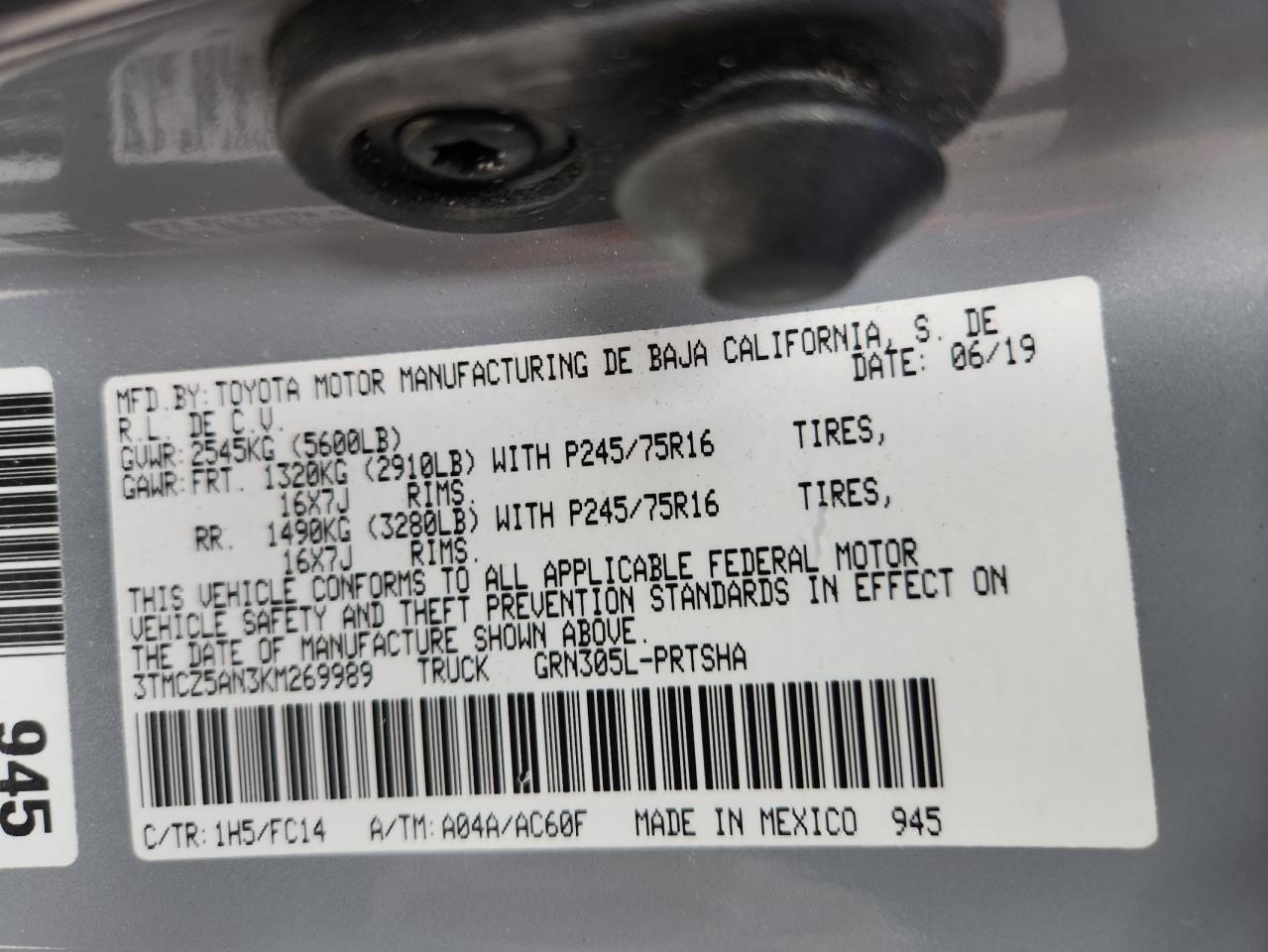 2019 Toyota Tacoma Double Cab VIN: 3TMCZ5AN3KM269989 Lot: 92092565