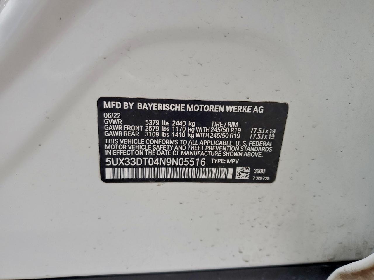 2022 BMW X4 xDrive30I VIN: 5UX33DT04N9N05516 Lot: 93810755