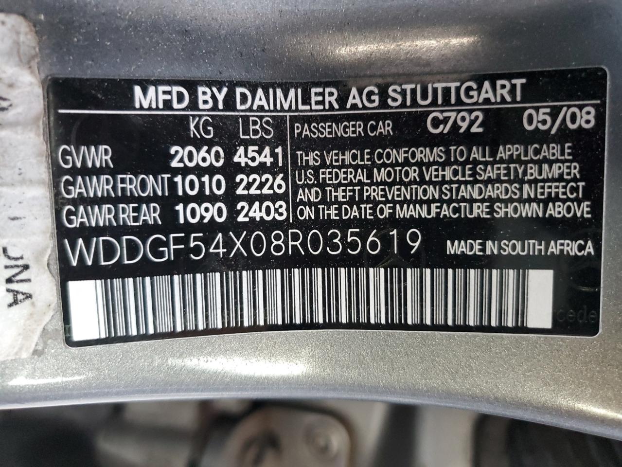 2008 Mercedes-Benz C 300 VIN: WDDGF54X08R035619 Lot: 93477265