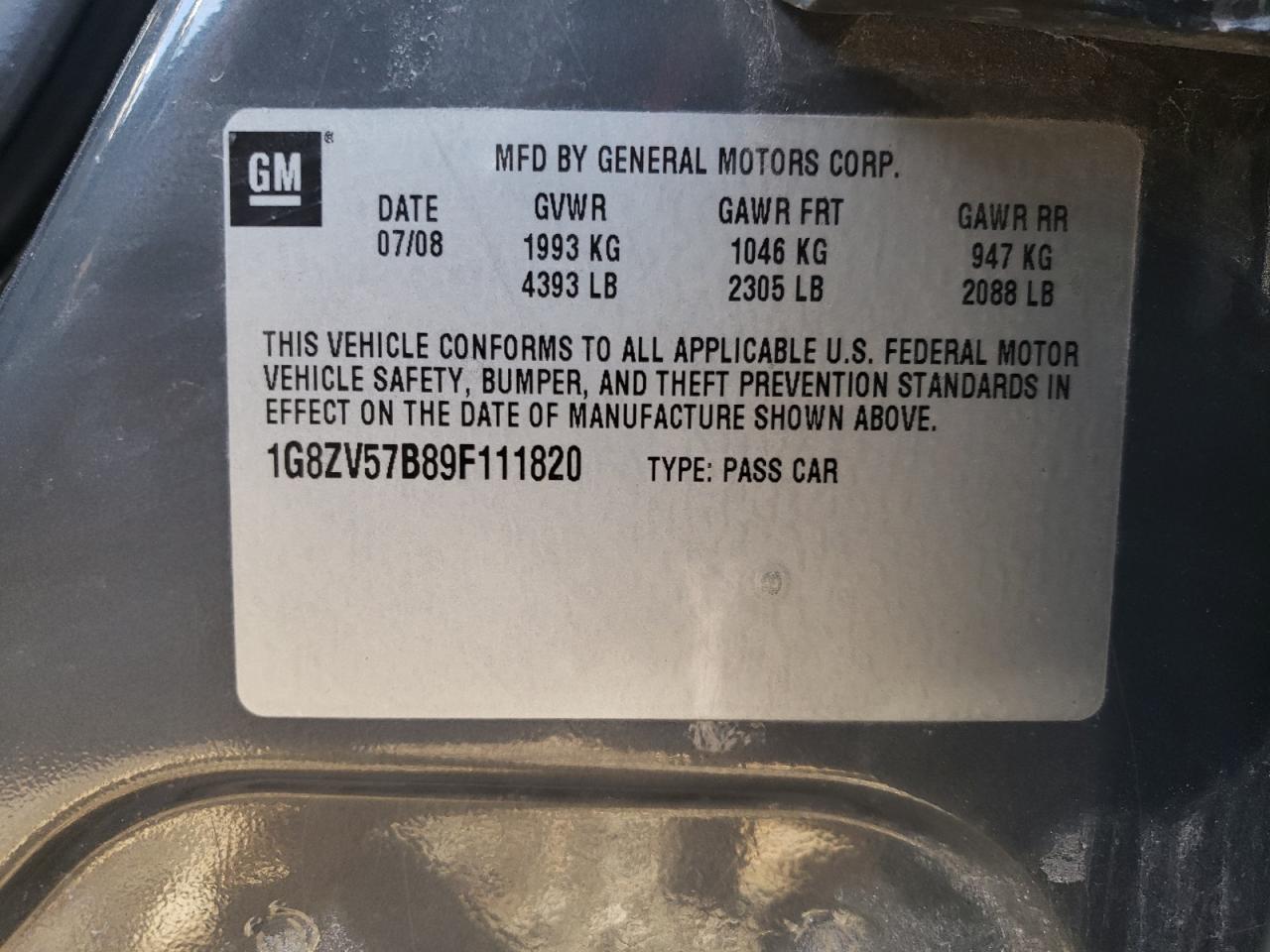 2009 Saturn Aura Xr VIN: 1G8ZV57B89F111820 Lot: 91936845