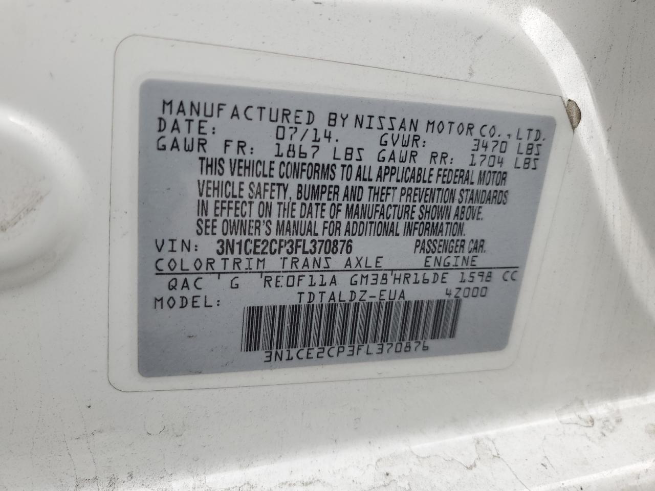 2015 Nissan Versa Note S VIN: 3N1CE2CP3FL370876 Lot: 91275255