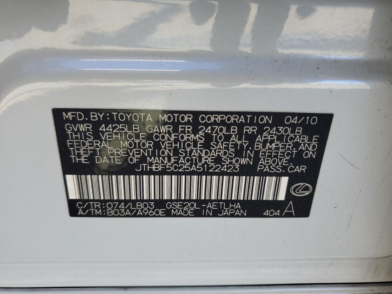 2010 Lexus Is 250 VIN: JTHBF5C25A5122423 Lot: 93520735