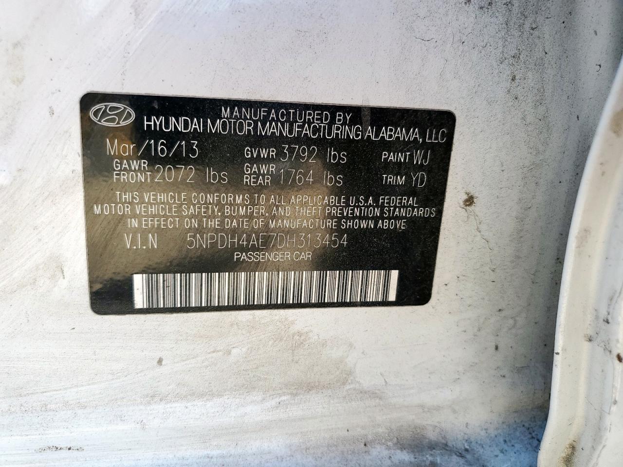 2013 Hyundai Elantra Gls VIN: 5NPDH4AE7DH313454 Lot: 92295335