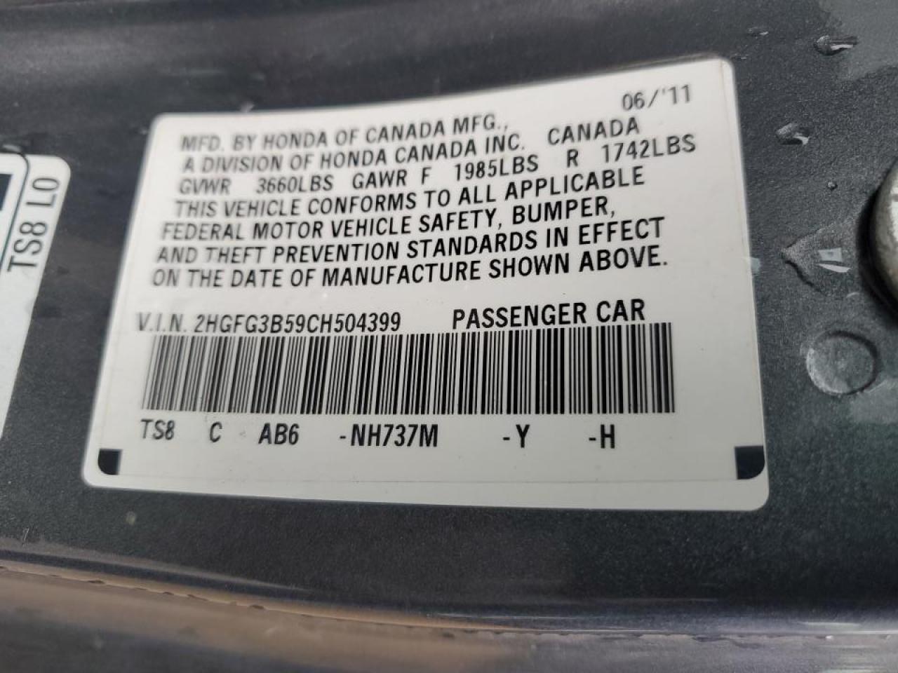 2012 Honda Civic Lx VIN: 2HGFG3B59CH504399 Lot: 90220445