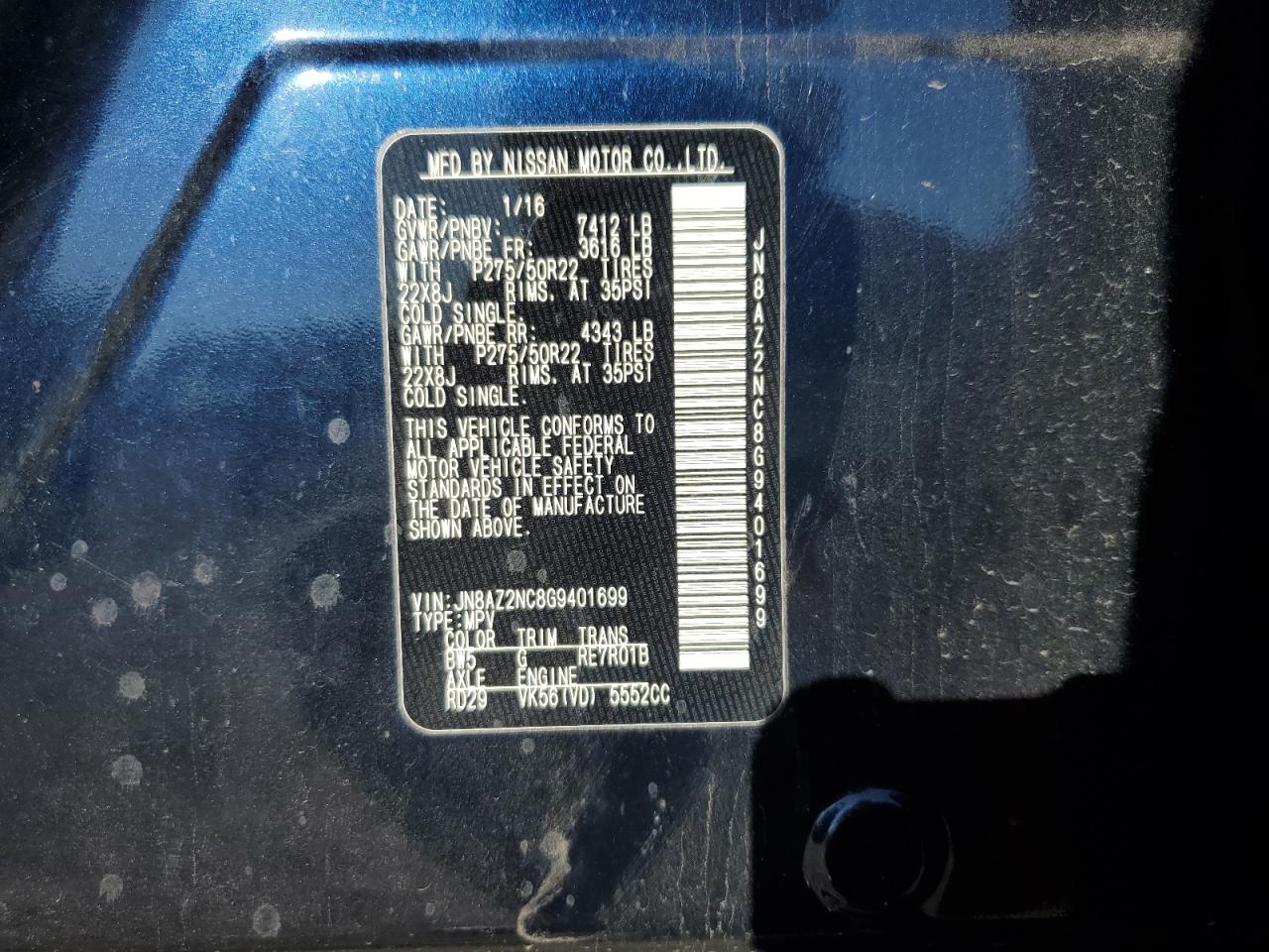 2016 Infiniti Qx80 VIN: JN8AZ2NC8G9401699 Lot: 91212625