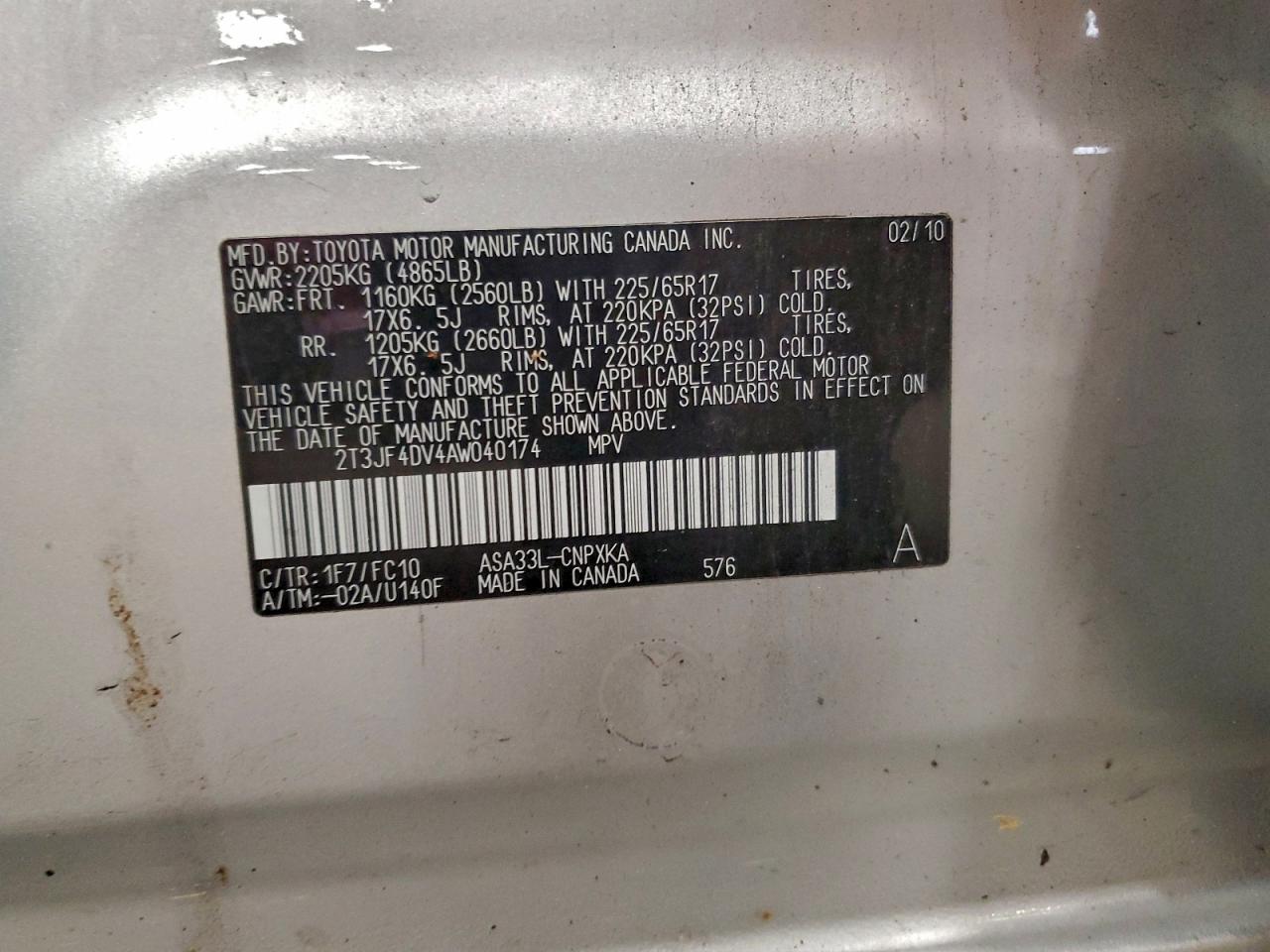 2010 Toyota Rav4 VIN: 2T3JF4DV4AW040174 Lot: 94186795