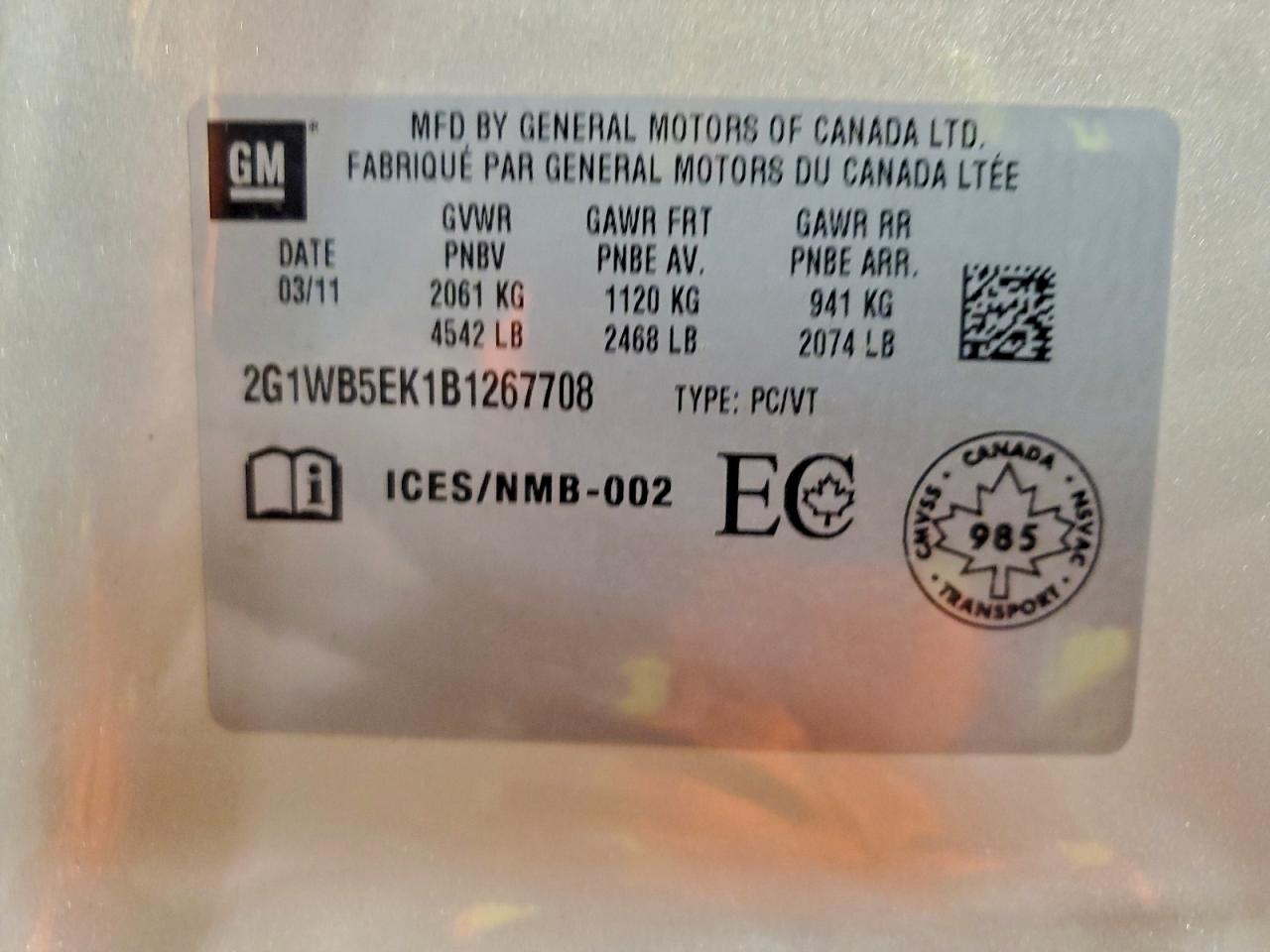 2011 Chevrolet Impala Lt VIN: 2G1WB5EK1B1267708 Lot: 94362565