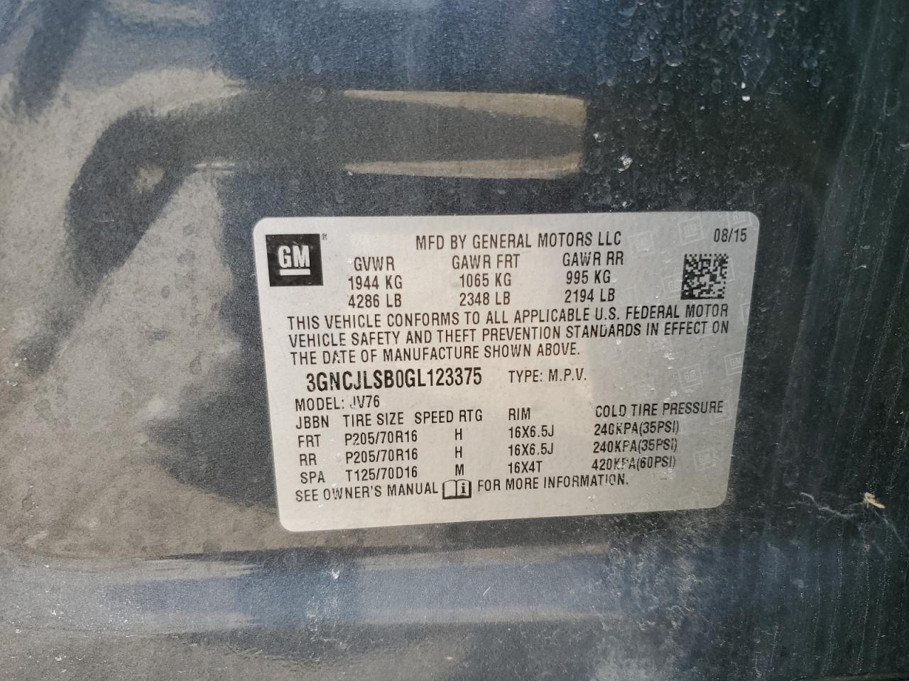 2016 Chevrolet Trax 1Lt VIN: 3GNCJLSB0GL123375 Lot: 91816975