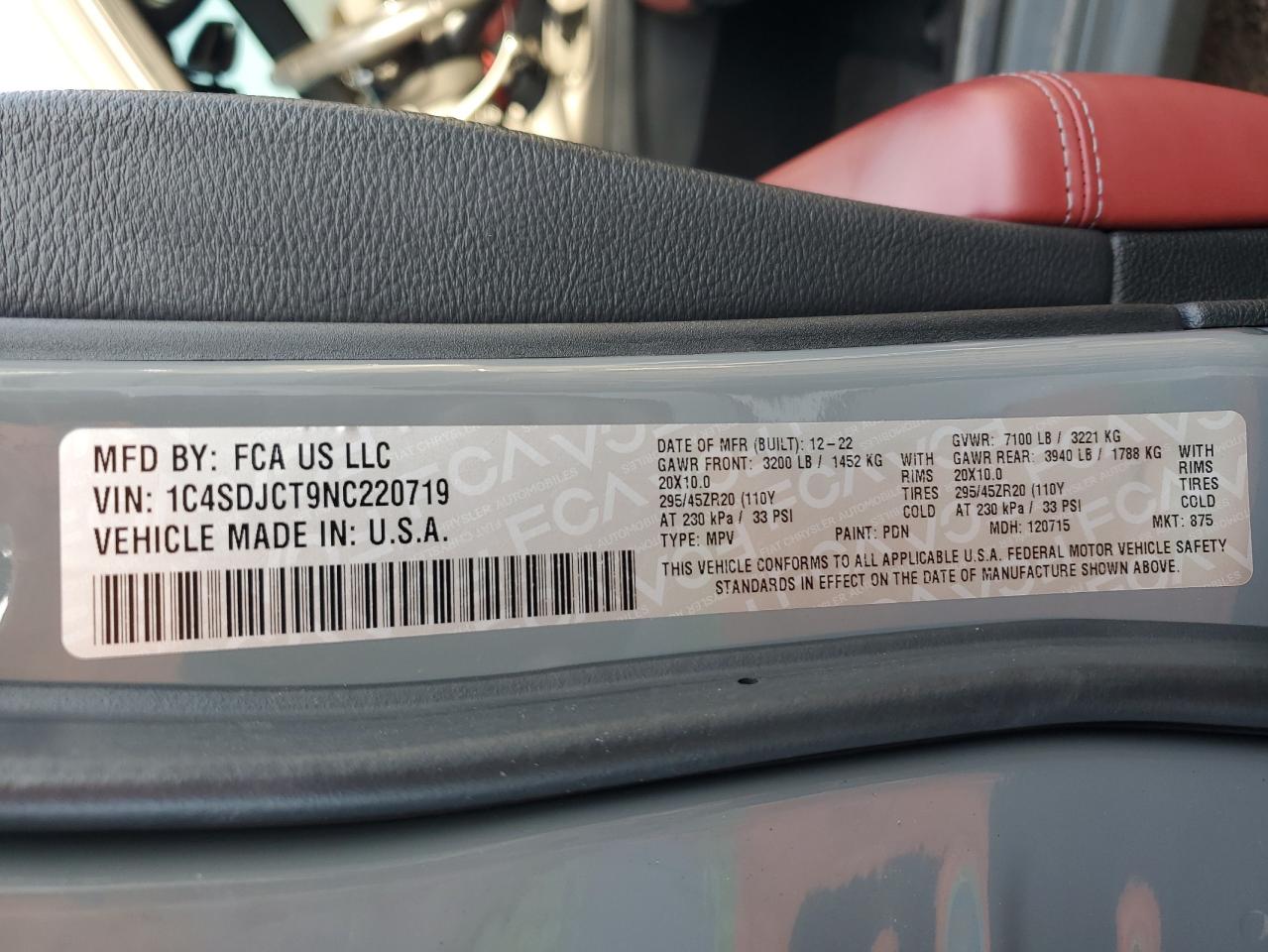 2022 Dodge Durango R/T VIN: 1C4SDJCT9NC220719 Lot: 93824285