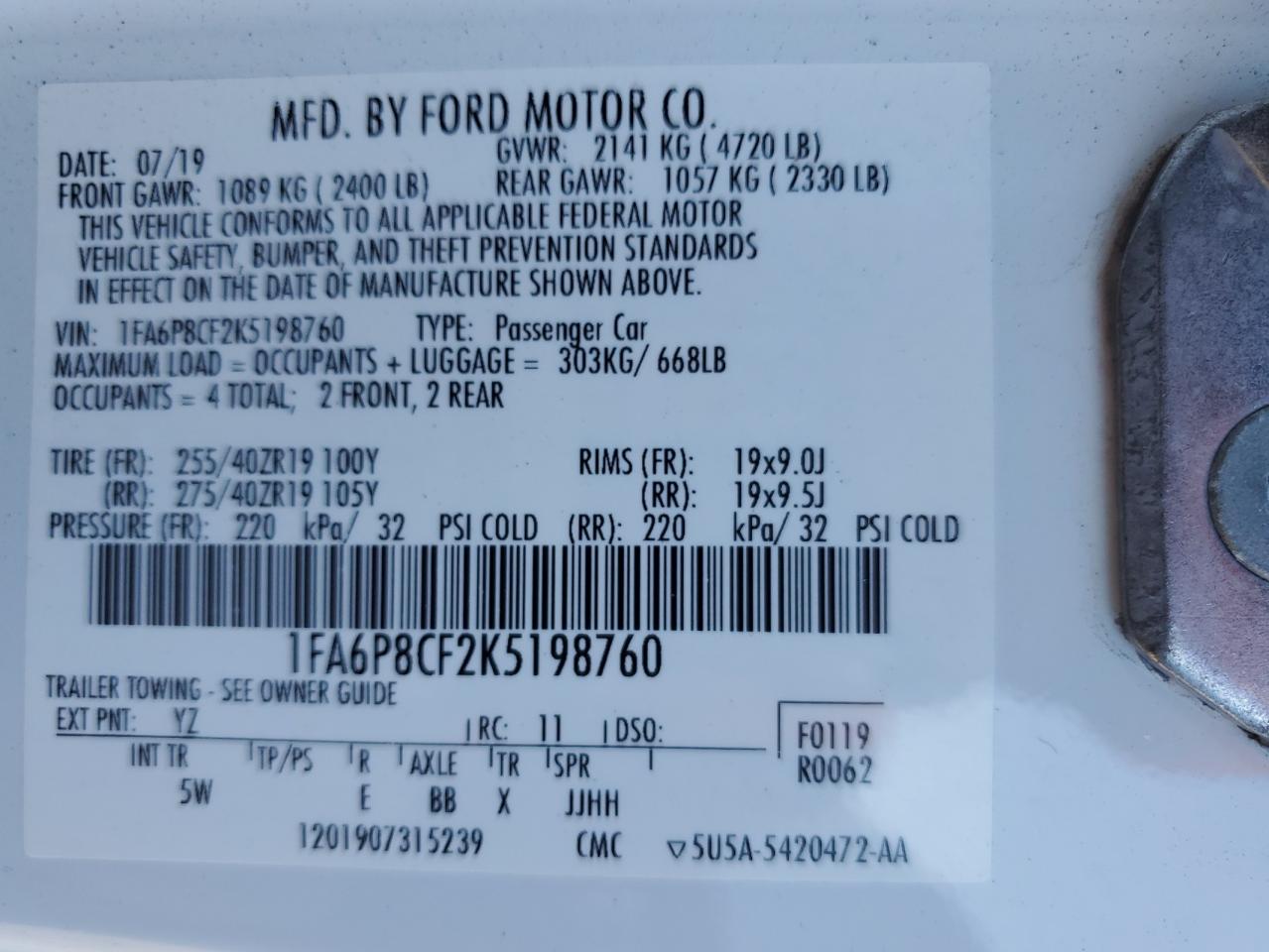 2019 Ford Mustang Gt VIN: 1FA6P8CF2K5198760 Lot: 93825725