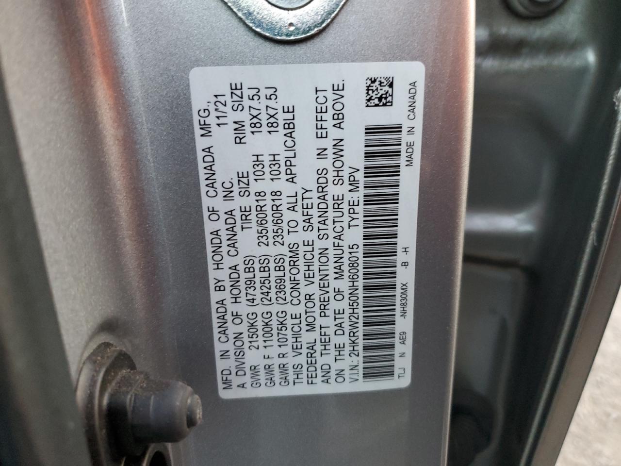 2022 Honda Cr-V Ex VIN: 2HKRW2H50NH608015 Lot: 92266475