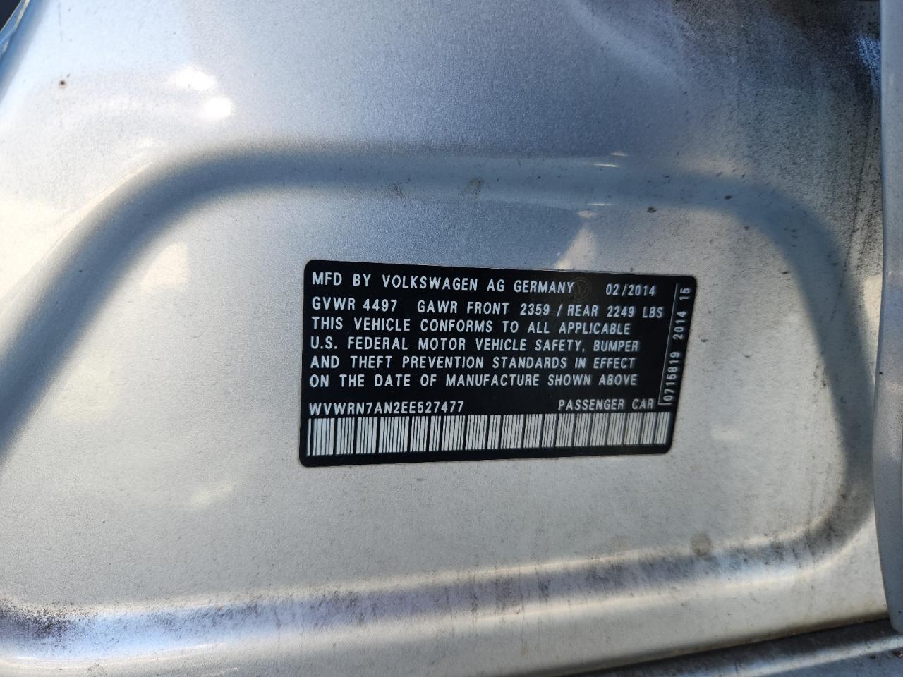 2014 Volkswagen Cc Luxury VIN: WVWRN7AN2EE527477 Lot: 93368975