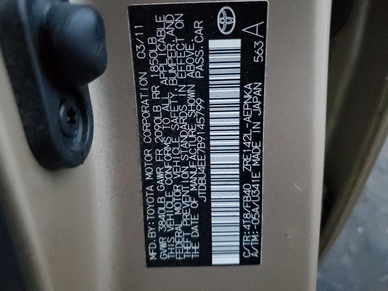 2011 Toyota Corolla Base VIN: JTDBU4EE7B9145799 Lot: 93824765