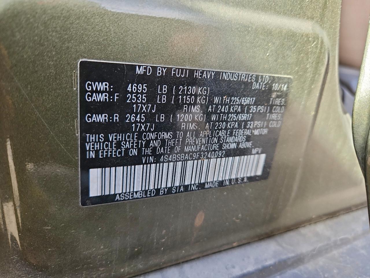 2015 Subaru Outback 2.5I VIN: 4S4BSBAC9F3240092 Lot: 93651425