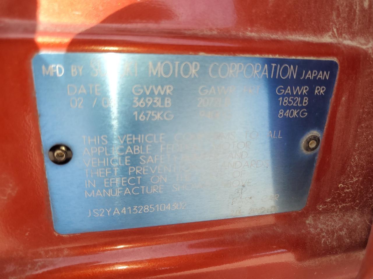 2008 Suzuki Sx4 Base VIN: JS2YA413285104302 Lot: 91888465