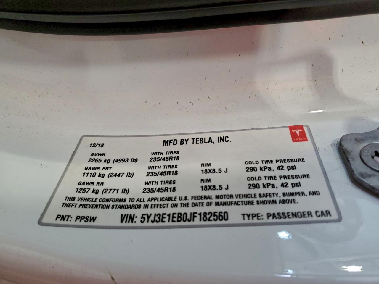 2018 Tesla Model 3 VIN: 5YJ3E1EB0JF182560 Lot: 93838275