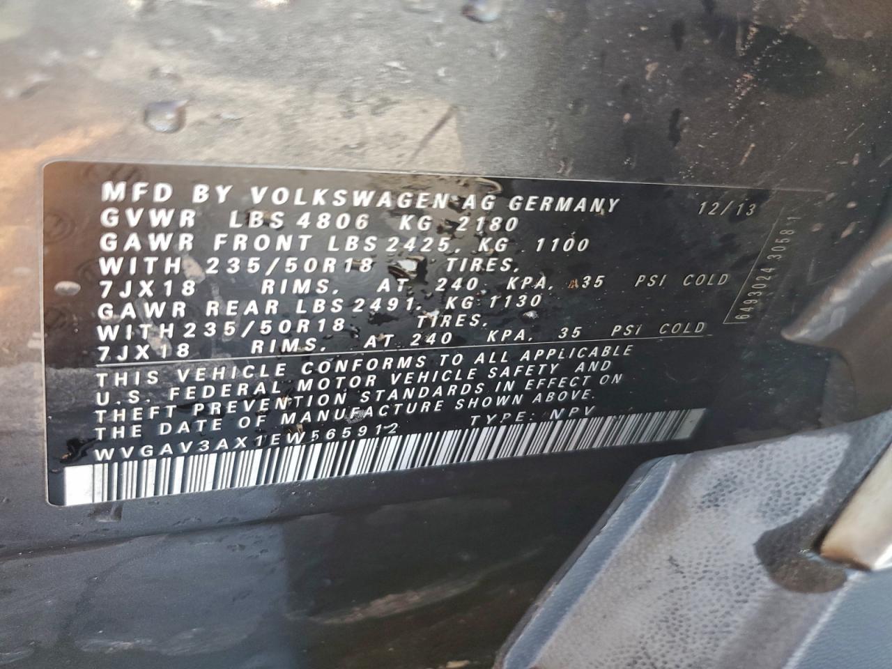 2014 Volkswagen Tiguan S VIN: WVGAV3AX1EW565912 Lot: 94324175