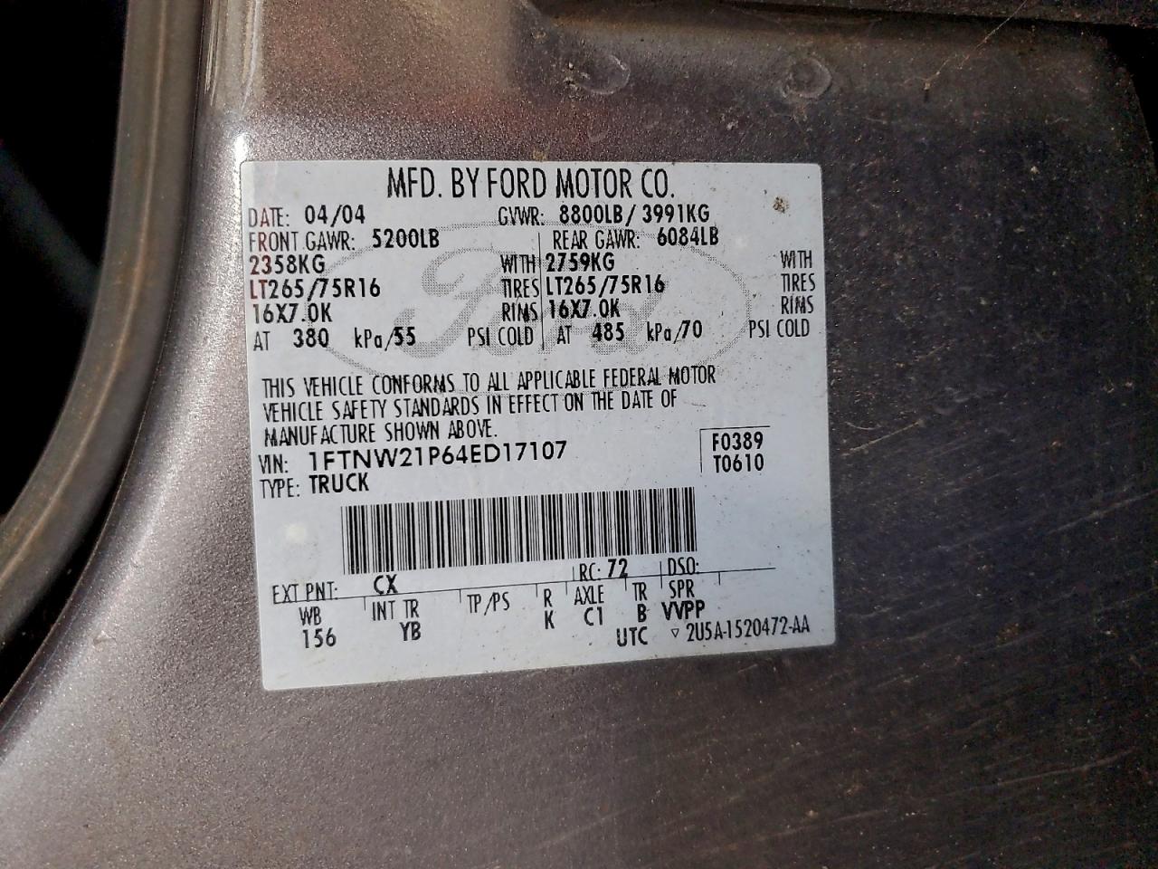 2004 Ford F250 Super Duty VIN: 1FTNW21P64ED17107 Lot: 93434265