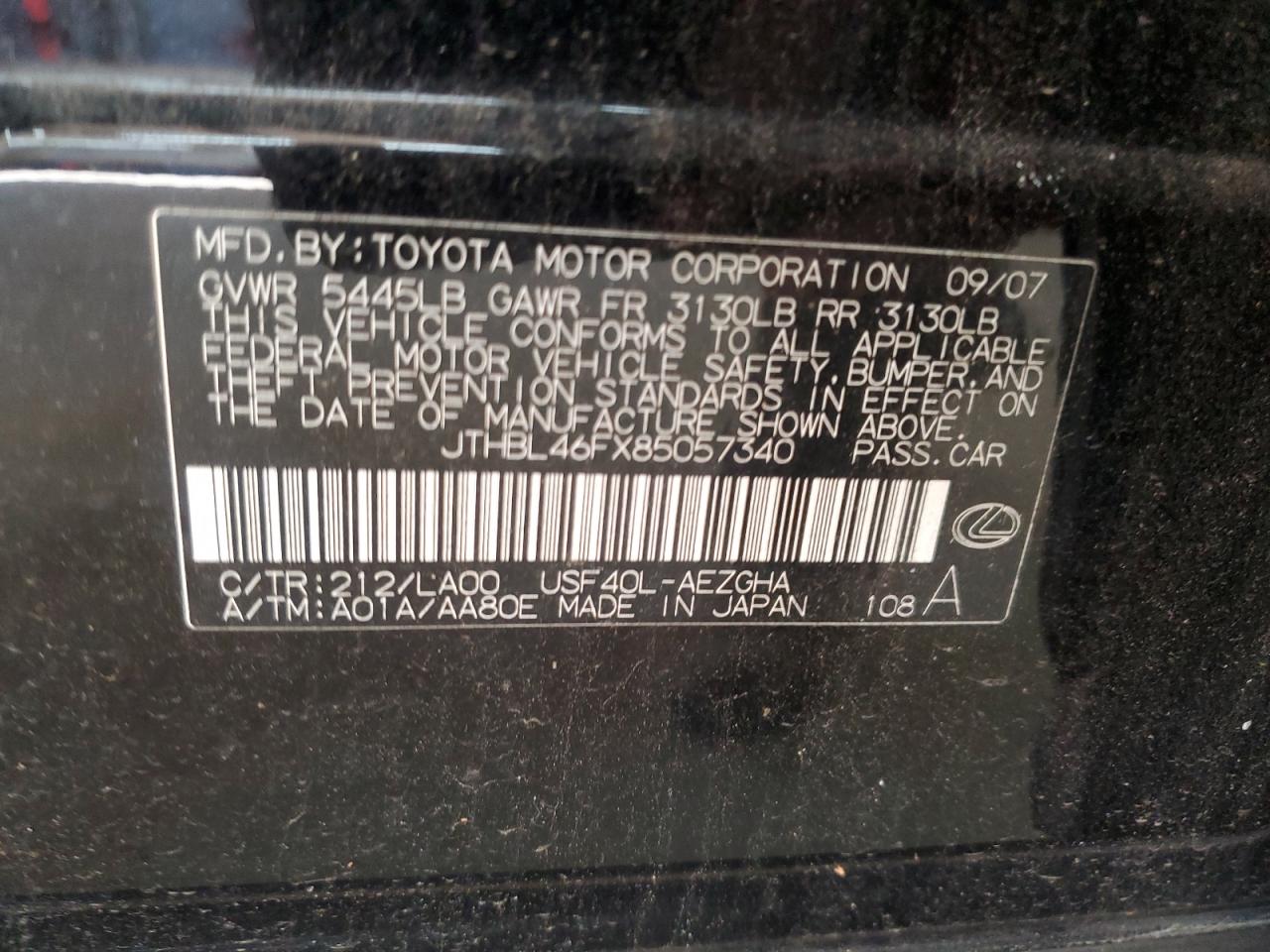 2008 Lexus Ls 460 VIN: JTHBL46FX85057340 Lot: 92042975