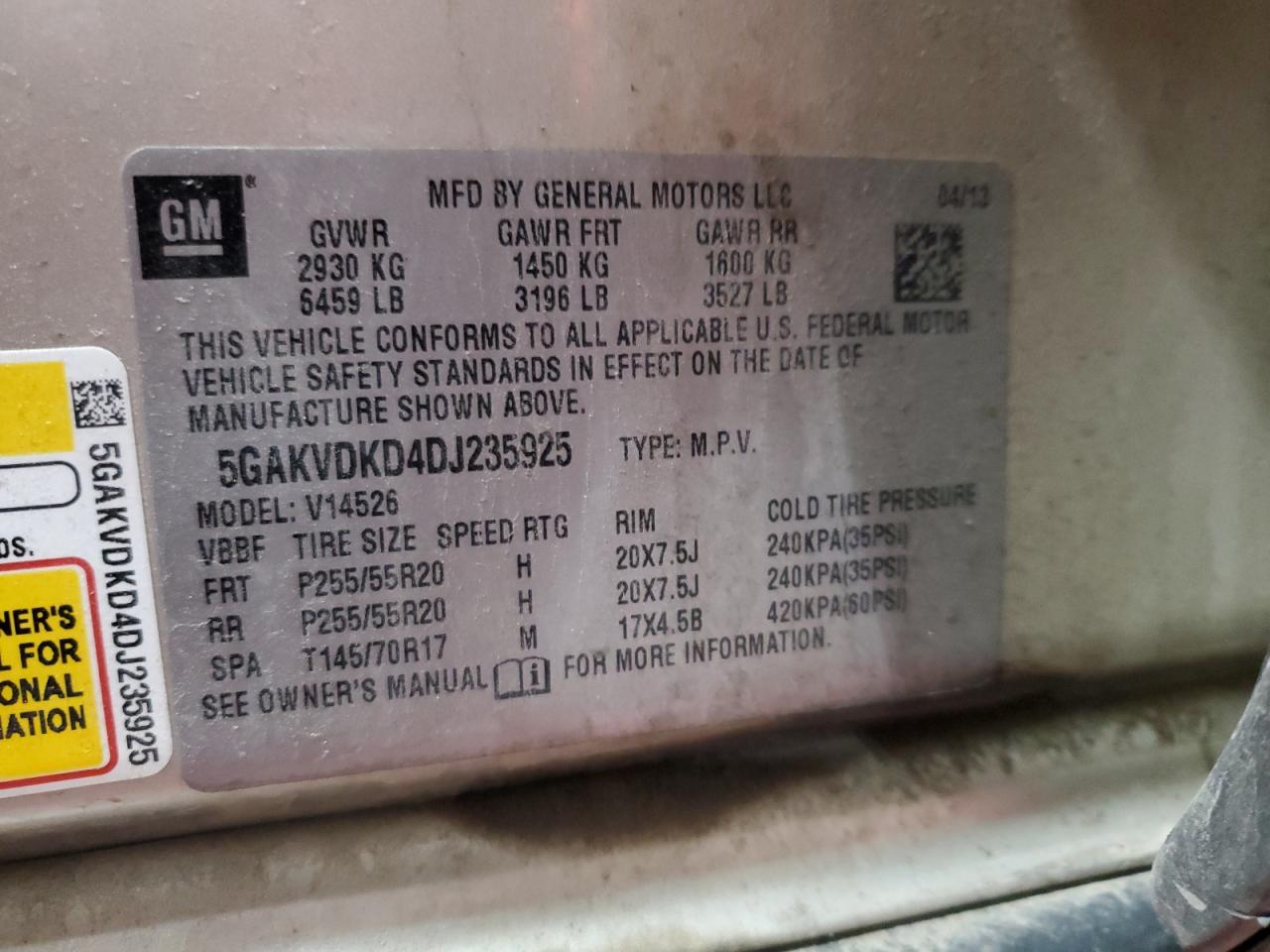 2013 Buick Enclave VIN: 5GAKVDKD4DJ235925 Lot: 91422655