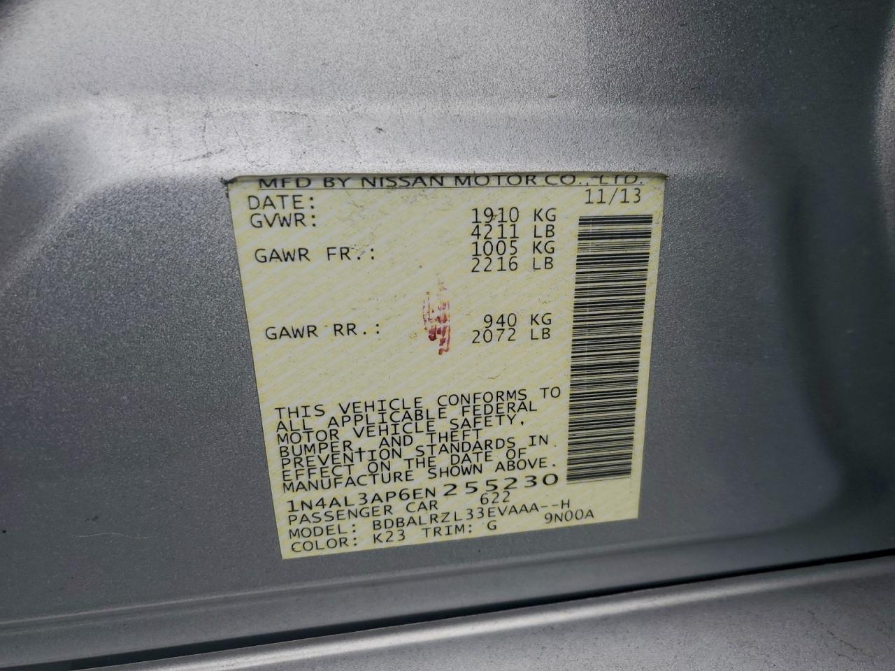 2014 Nissan Altima 2.5 VIN: 1N4AL3AP6EN255230 Lot: 94164405