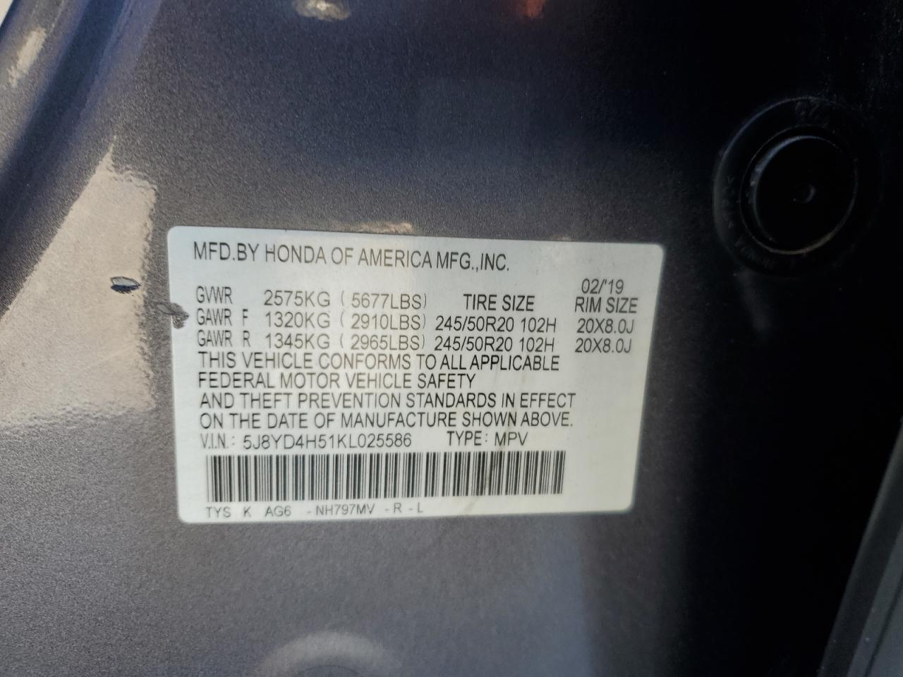 2019 Acura Mdx Technology VIN: 5J8YD4H51KL025586 Lot: 93404435