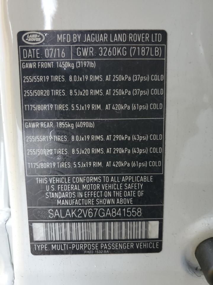 2016 Land Rover Lr4 Hse Luxury VIN: SALAK2V67GA841558 Lot: 92463715