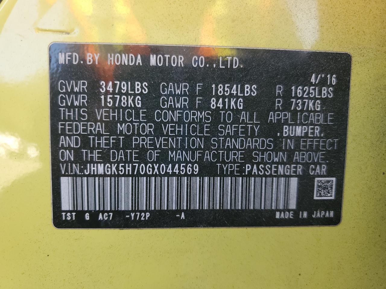 2016 Honda Fit Ex VIN: JHMGK5H70GX044569 Lot: 92410925