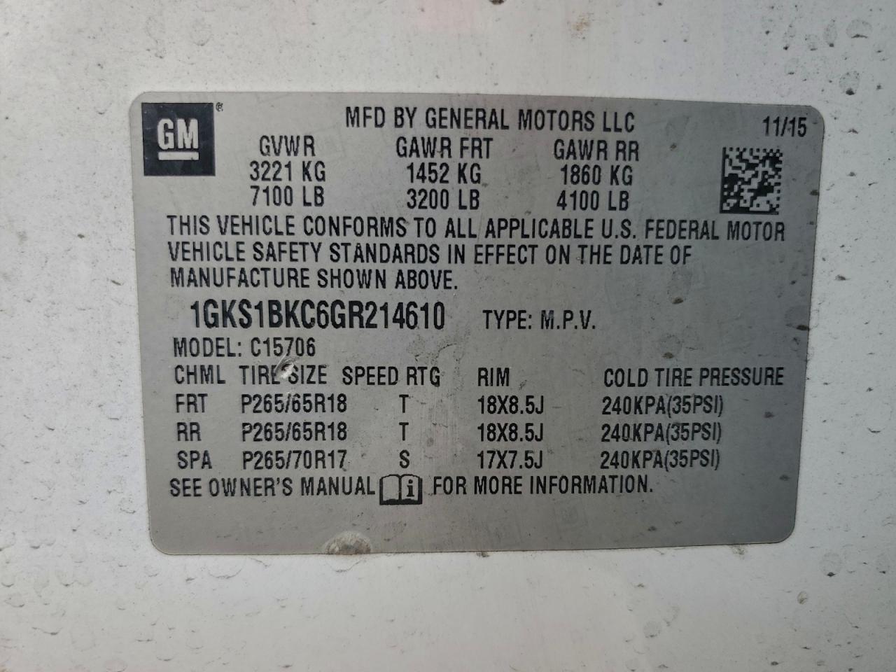 2016 GMC Yukon Slt VIN: 1GKS1BKC6GR214610 Lot: 93298145