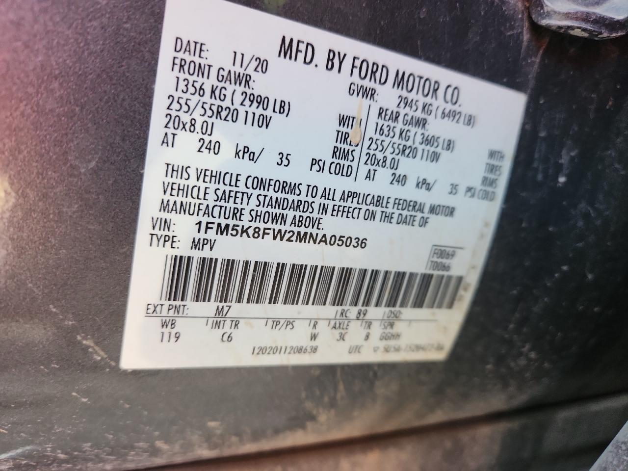 2021 Ford Explorer Limited VIN: 1FM5K8FW2MNA05036 Lot: 91730185