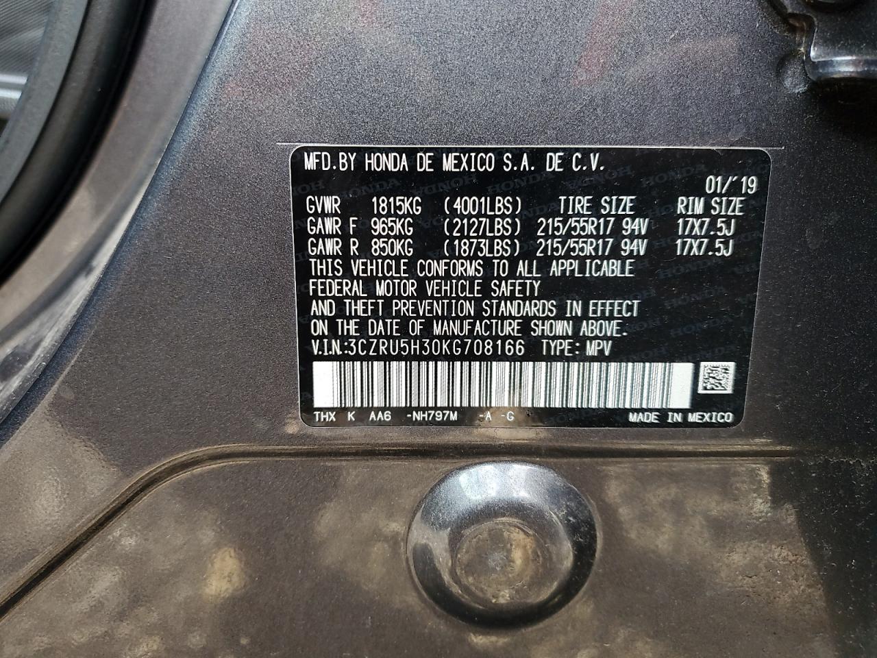 2019 Honda Hr-V Lx VIN: 3CZRU5H30KG708166 Lot: 93154985