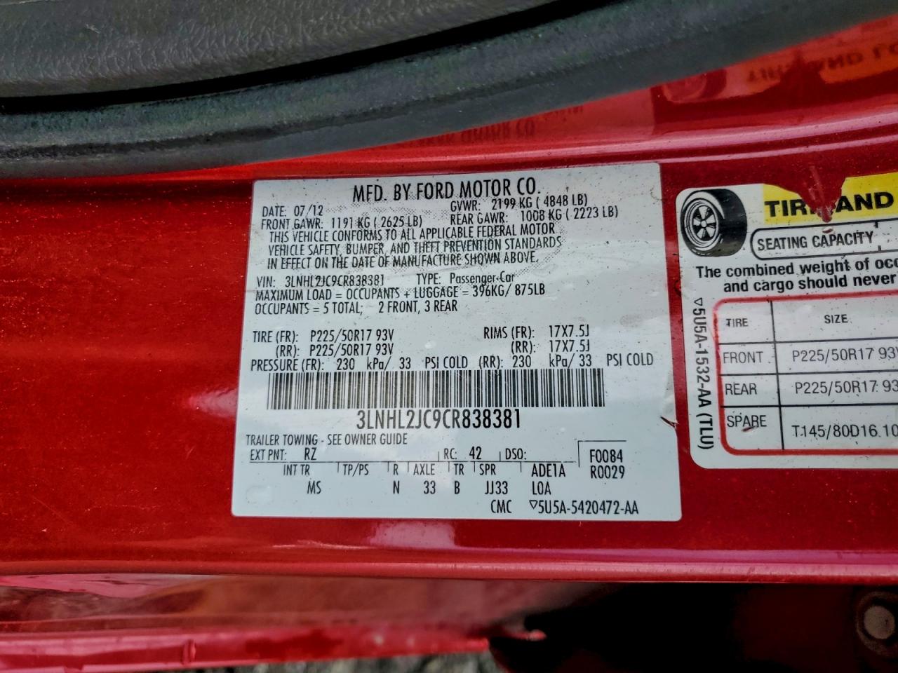 2012 Lincoln Mkz VIN: 3LNHL2JC9CR838381 Lot: 93334235