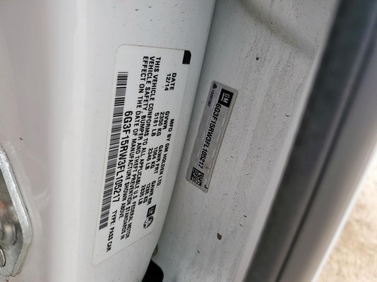 2015 Chevrolet Ss VIN: 6G3F15RW3FL105217 Lot: 93106495