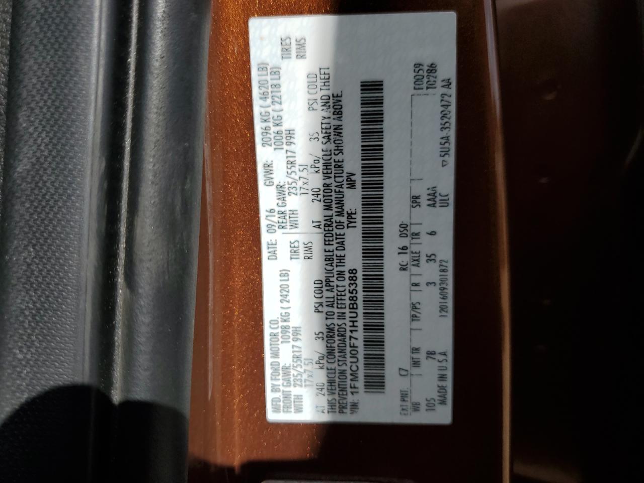 2017 Ford Escape S VIN: 1FMCU0F71HUB85388 Lot: 91882015