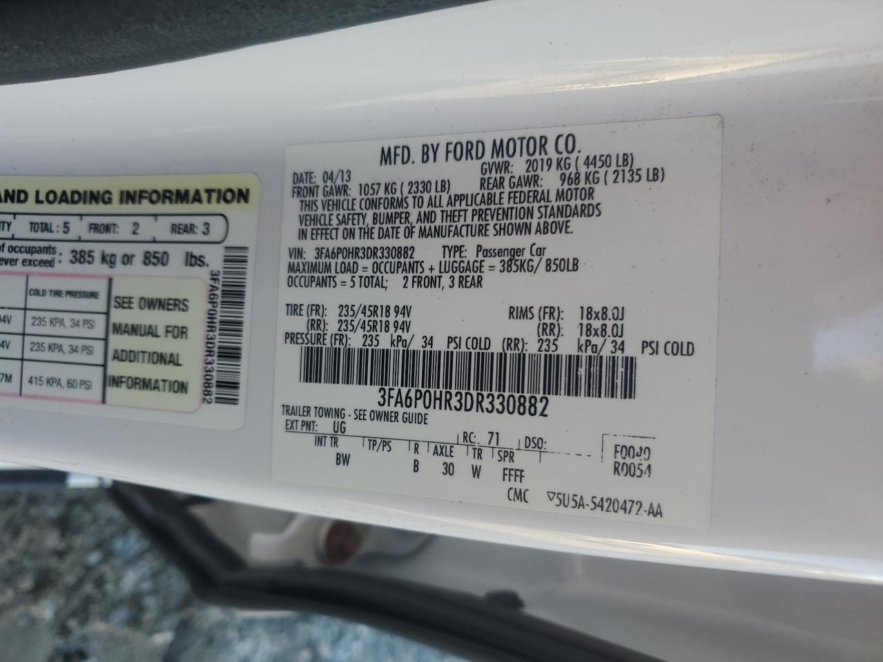 2013 Ford Fusion Se VIN: 3FA6P0HR3DR330882 Lot: 90114695